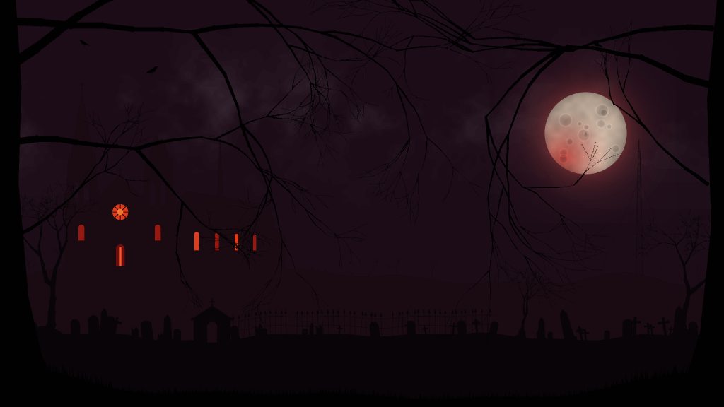 The main menu scene: a ruined cathedral with glowing red windows on a hill, a graveyard, dead branches and a red-tinged full moon