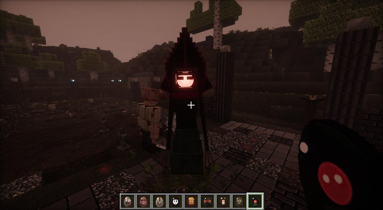 A hooded figure with a glowing red face in a walled graveyard at dusk, a villager beside it
