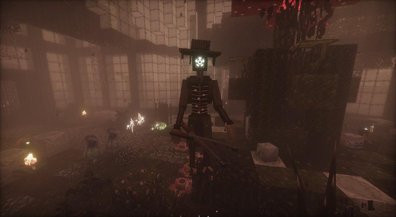 The Gardener standing in the misty glasshouse, a flower where its face should be
