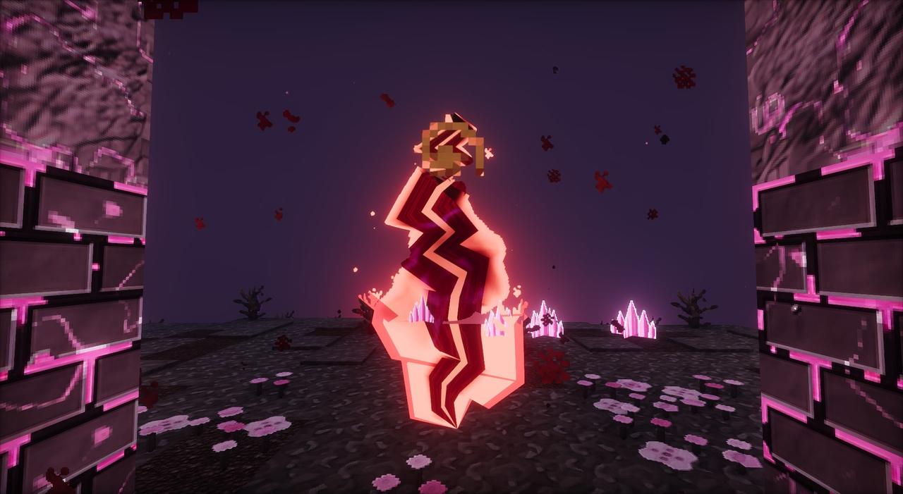 A glowing red figure between walls of stone lit pink from within