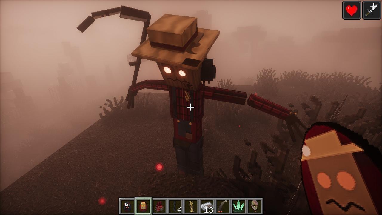 The Harvestman, a scarecrow in a hat with glowing eyes and a scythe, a crow on its shoulder