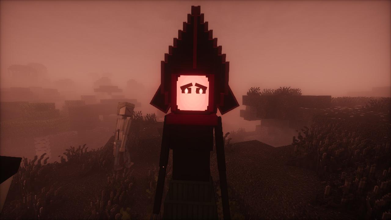 A tall shape in a spade-shaped hood with a glowing face, standing in red-brown fog