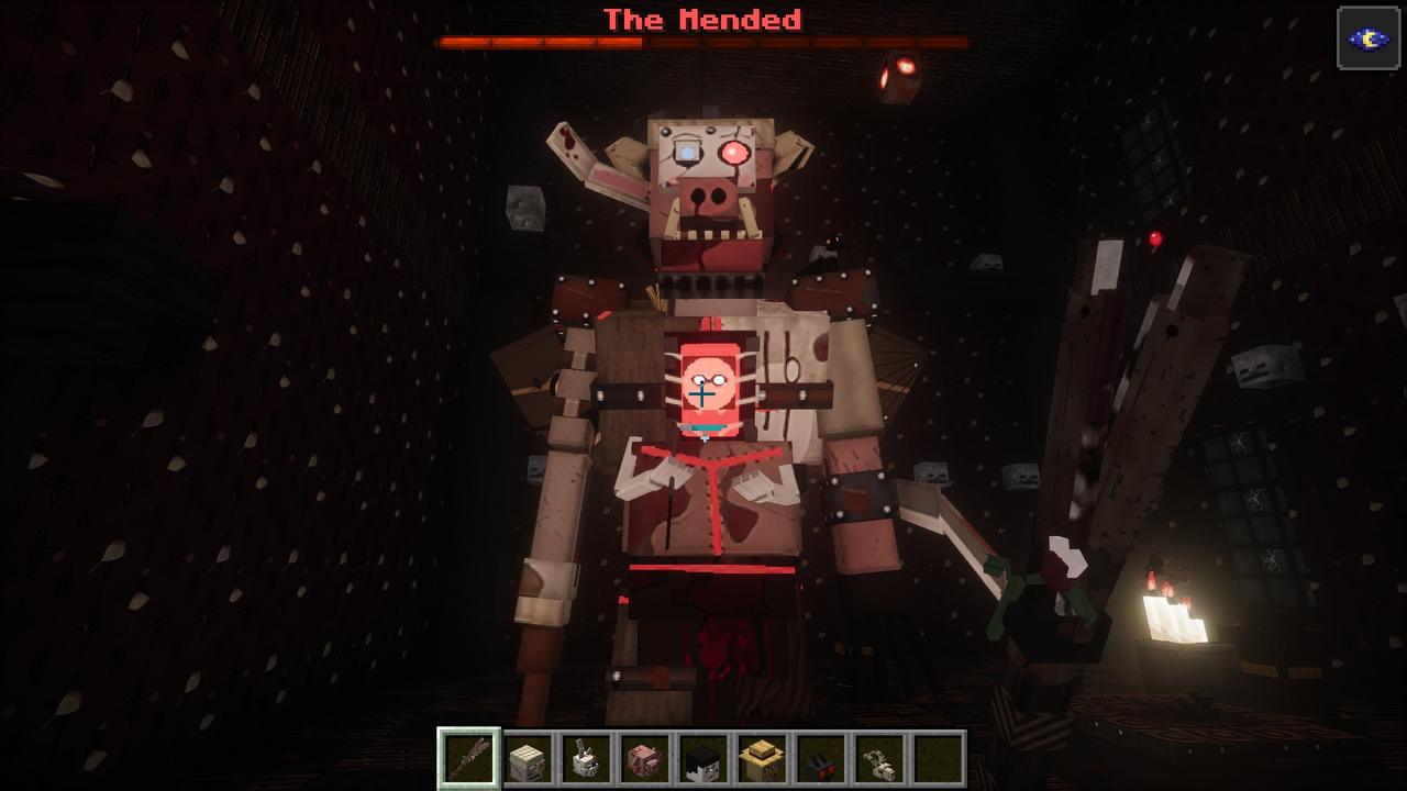 The Mended up close in the dark, its boss bar at the top of the screen