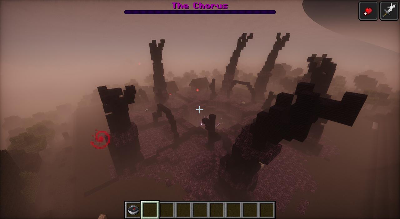 The Hive's black hands rising out of violet ground in the fog, the Chorus's boss bar at the top of the screen