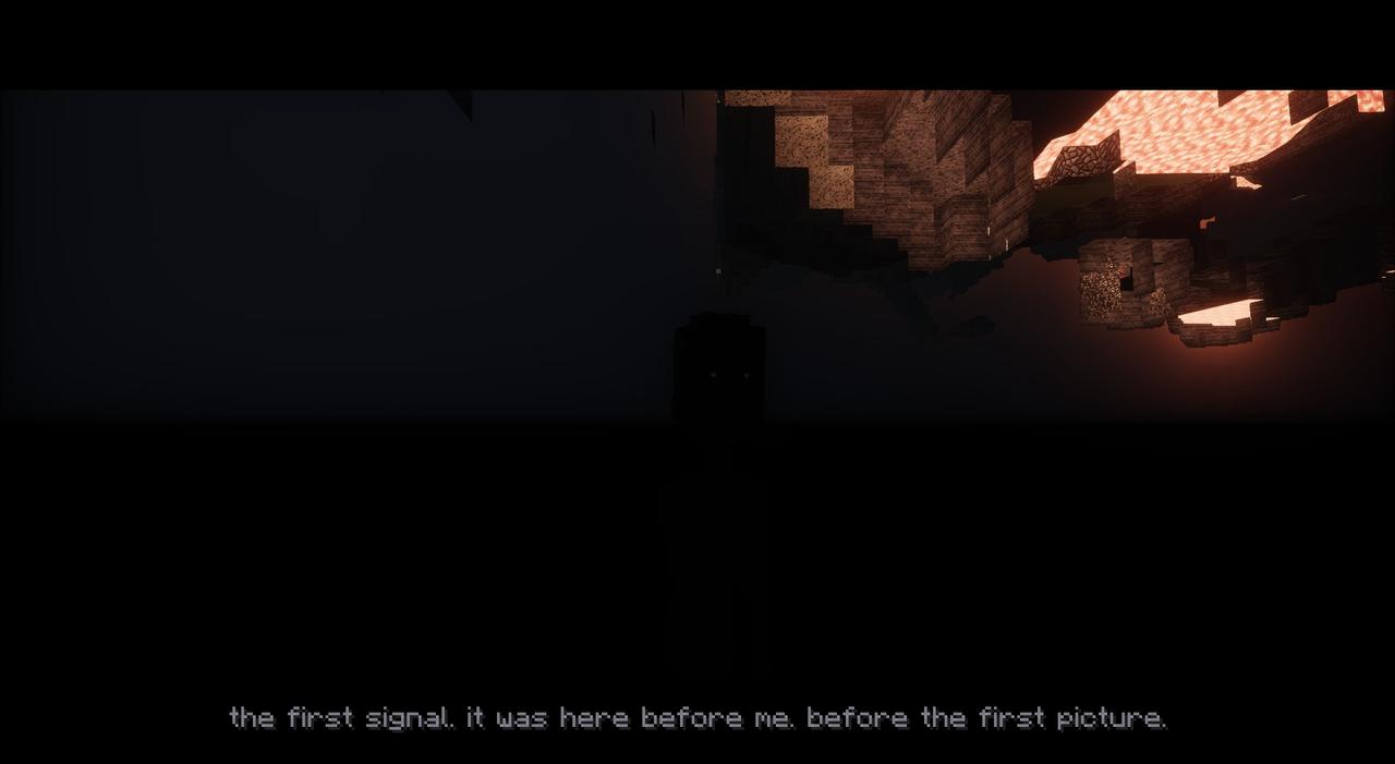A dark scene with the subtitle: the first signal. it was here before me. before the first picture.