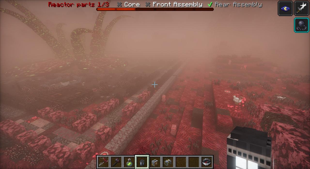 The Great Bloom's tentacles rising over a red, fleshy landscape, the reactor parts tracker at the top of the screen