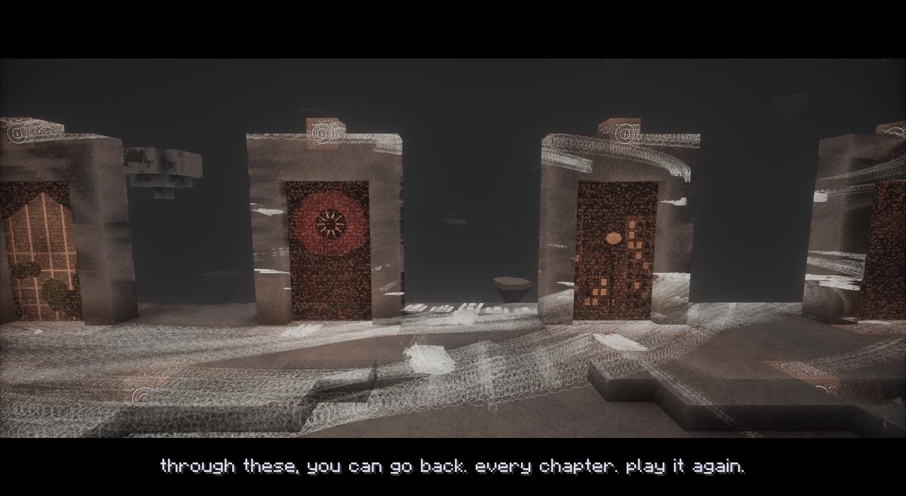 The Hub's portals, with the subtitle: through these, you can go back. every chapter. play it again.