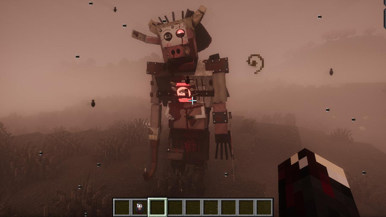 The Mended, a patchwork of nine creatures sewn into one, standing in grey fog