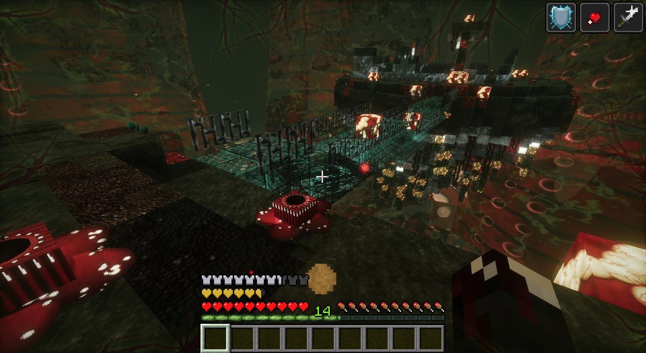 Red growths, iron fences and glowing pods under a green-lit roof of flesh