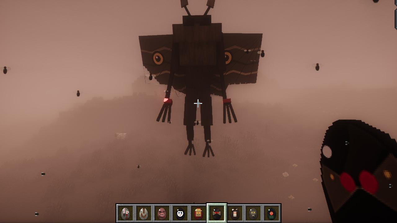 Mothman hanging in grey fog, wings spread, red eyes